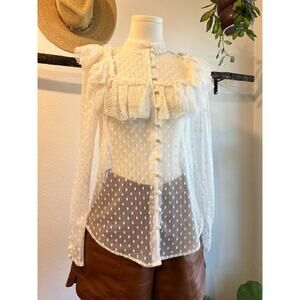 Sandra Mansour x H&M White Sheer Ruffled Swiss Dot Lace Blouse Size XS